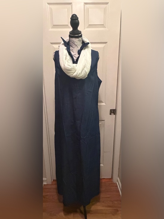 Dresses & Skirts - Sleeveless Button-Front Long Maxi Dress in Navy-Denim Look Pattern.